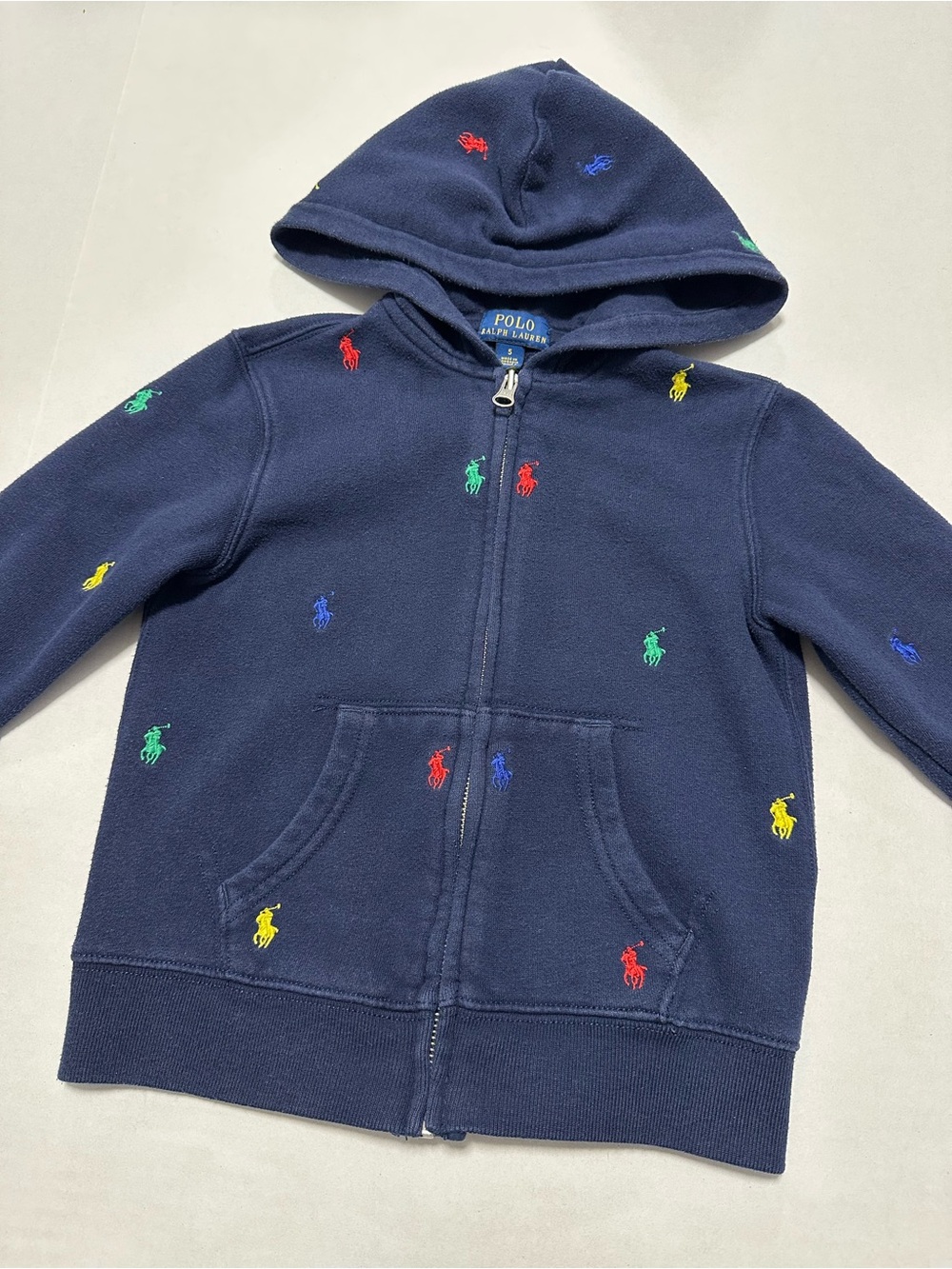 Kids 5 Navy Polo Ralph Lauren All Over Embroidered Pony Logo Full-Zip Hoodie